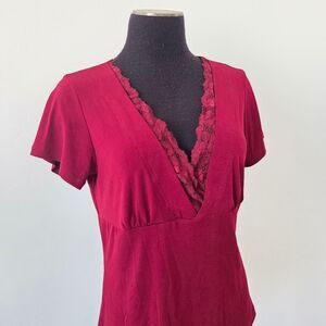 JKLA Babydoll Top Burgundy Maroon Lace V Neck Whimsygoth Romantic Y2K 90s Large